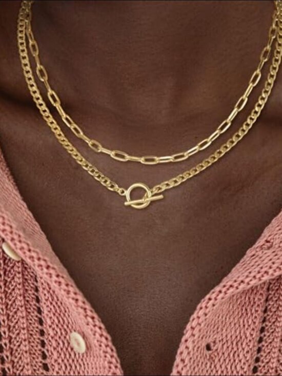 Jewelry - 14K Yellow Gold Chain Necklac Layered Cuban Link Paperclip Toggle Clasp